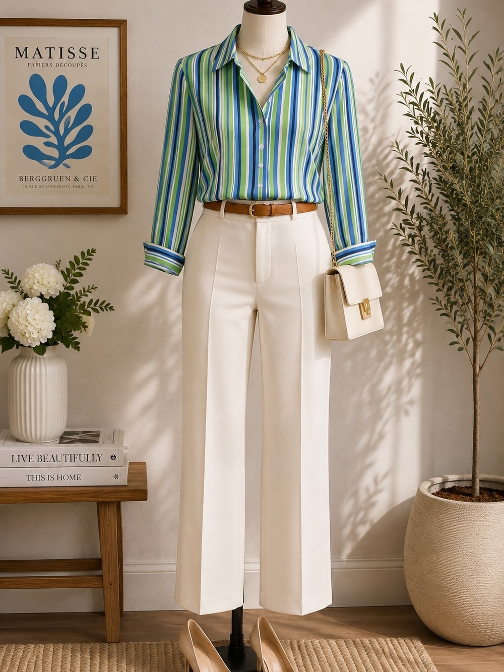 Due per Due Collection 100% Silk Striped Button Down Blouse Green Blue Size 8